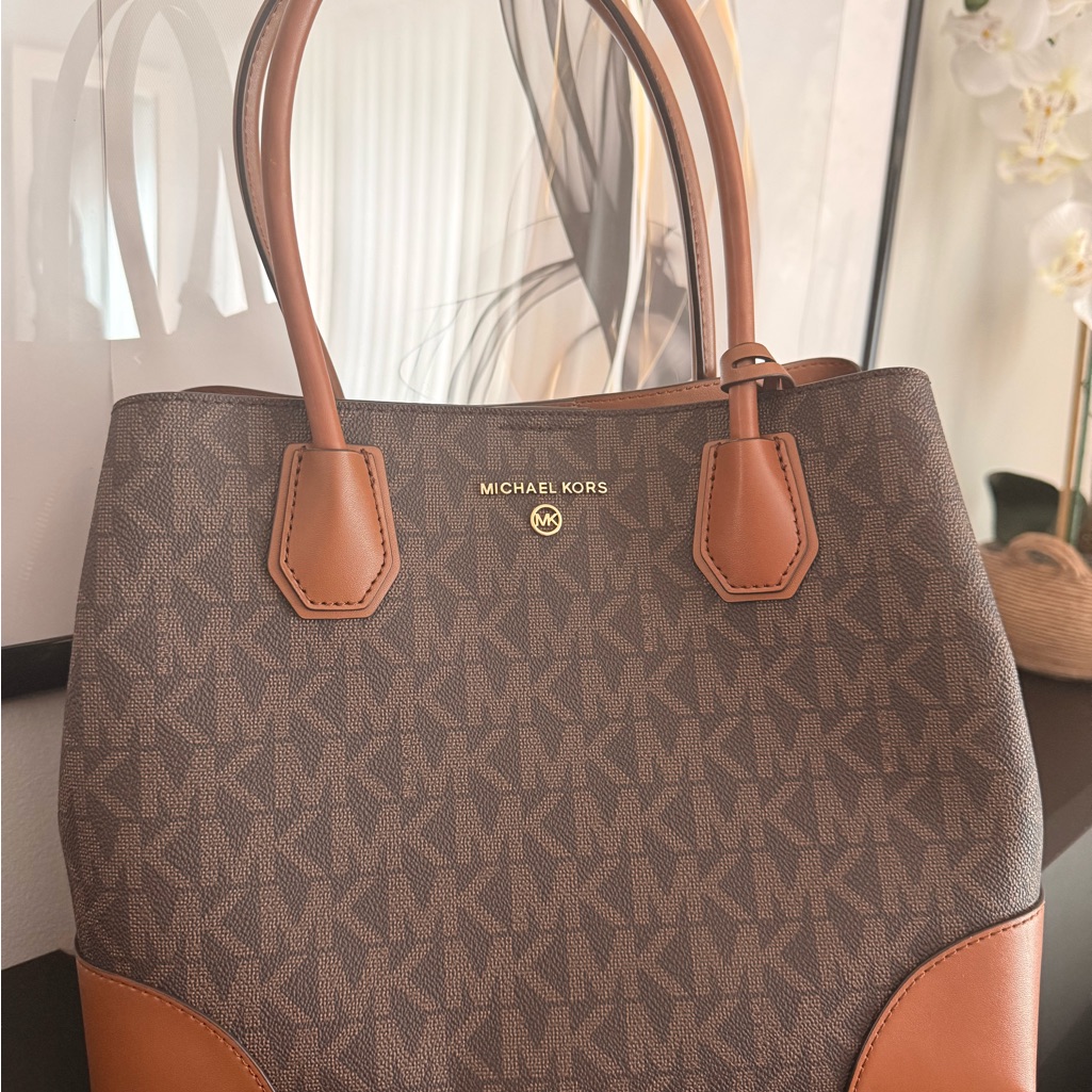 Michael Kors Brown Mk Signature Tote With Tan Leather Accents